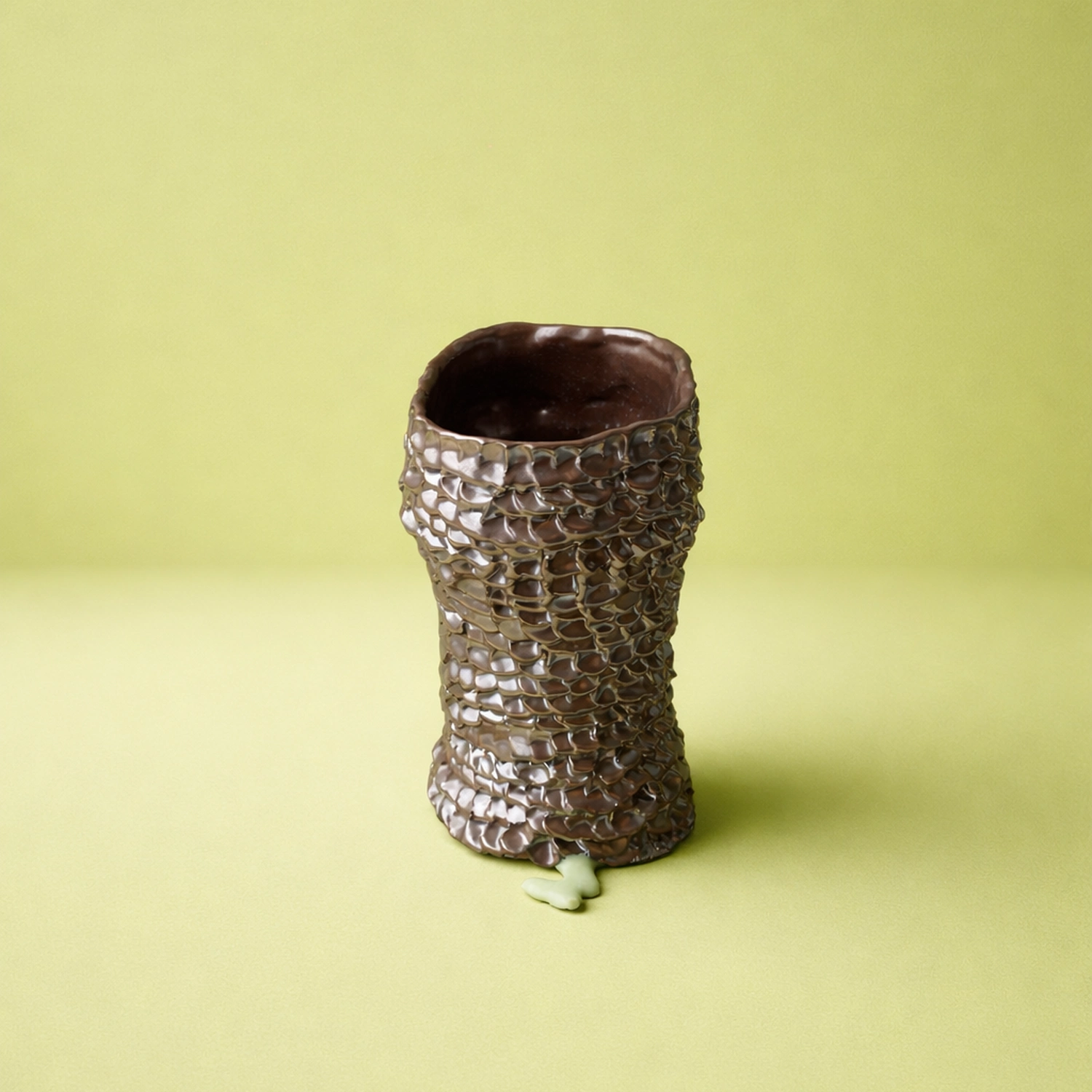 A hand-built textured ceramic cup with a dripping glaze, made at Lüt Studio